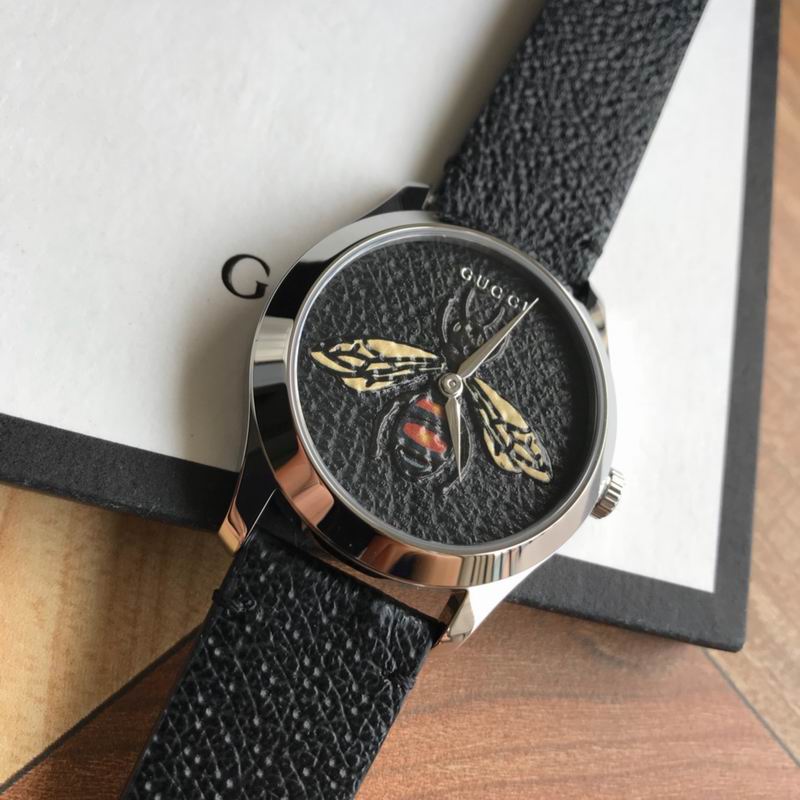 Gucci G Timeless Bee Black Dial Black Leather Strap Watch