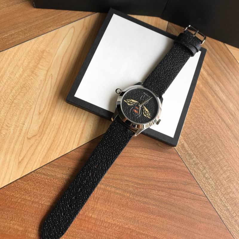 Gucci G Timeless Bee Black Dial Black Leather Strap Watch