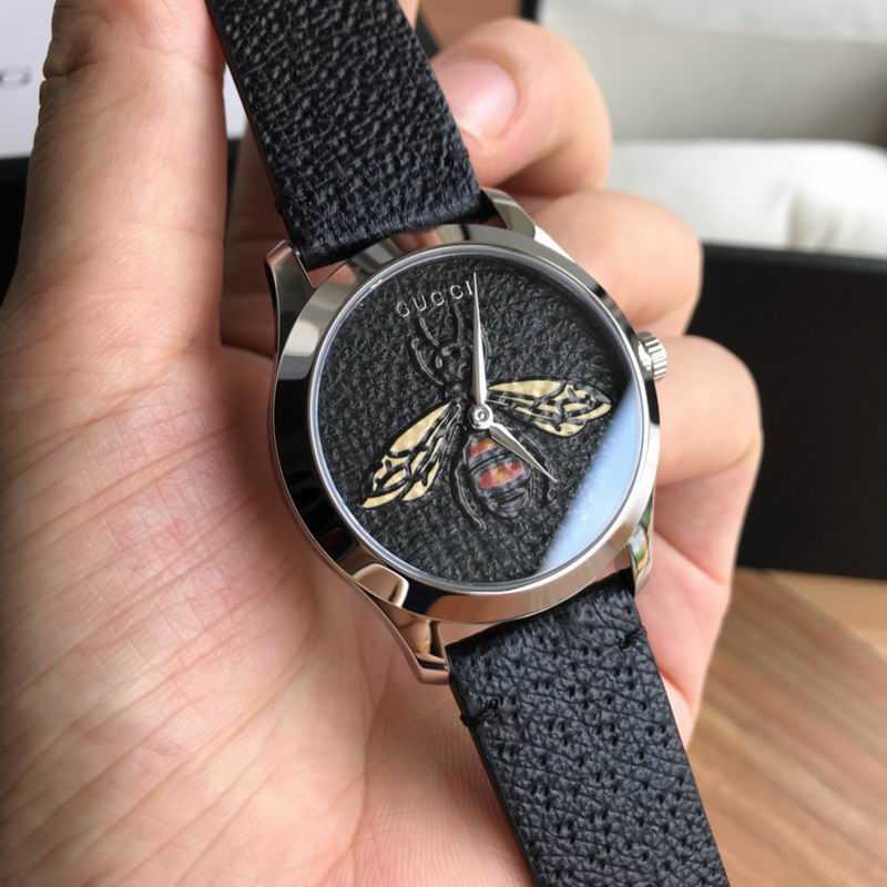 Gucci G Timeless Bee Black Dial Black Leather Strap Watch