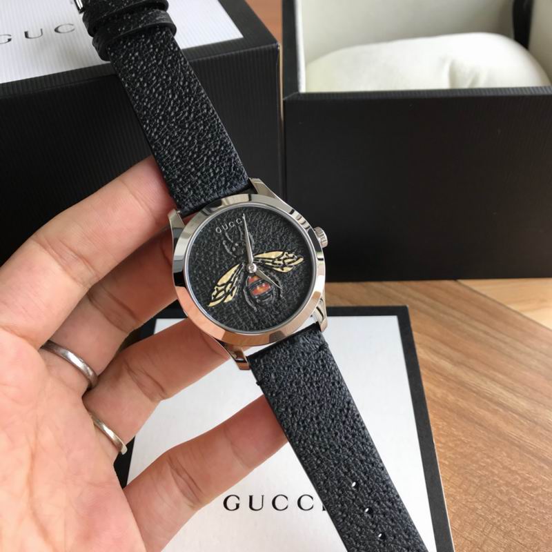Gucci G Timeless Bee Black Dial Black Leather Strap Watch