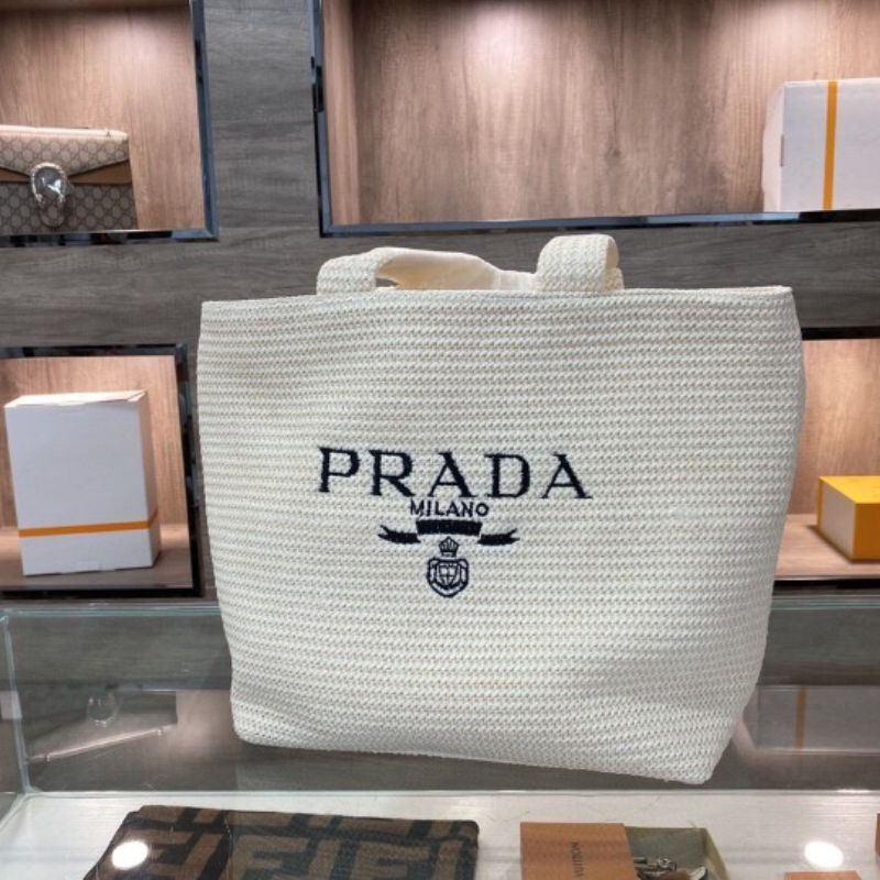 Prada Embroidered Raffia Tote Bag